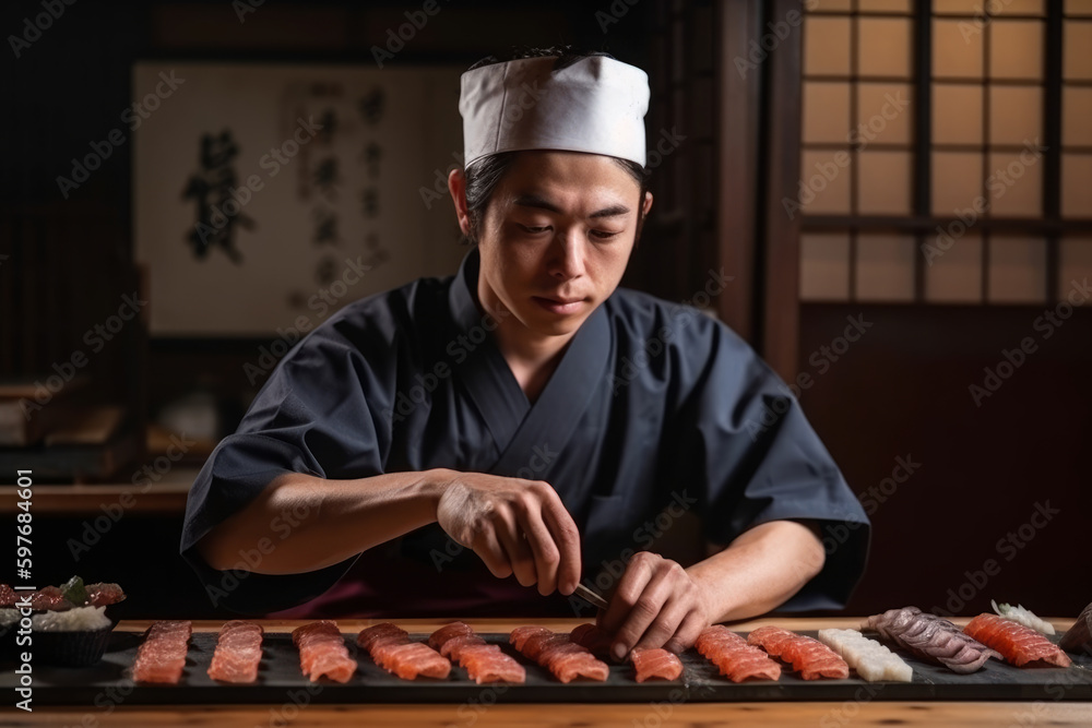 Young Japanese chef make a sushi, Japanesse food. AI Generated.
