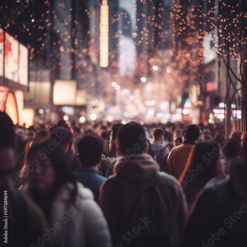 Several people in a bustling city against a bokeh-lit backdrop. Generative AI.