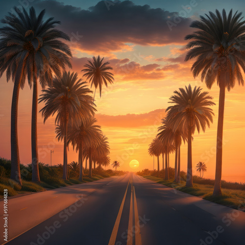 Palm trees along an empty road leading towards the ocean, sunset, generative AI