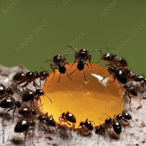 Black ants eating honey drop. Concept of teamwork or hardworking or unity.