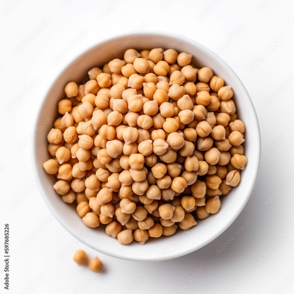 On a white background, raw chickpeas are displayed in a bowl. top view. Generative AI. On a white background, raw chickpeas are displayed in a bowl. top view. Generative AI.