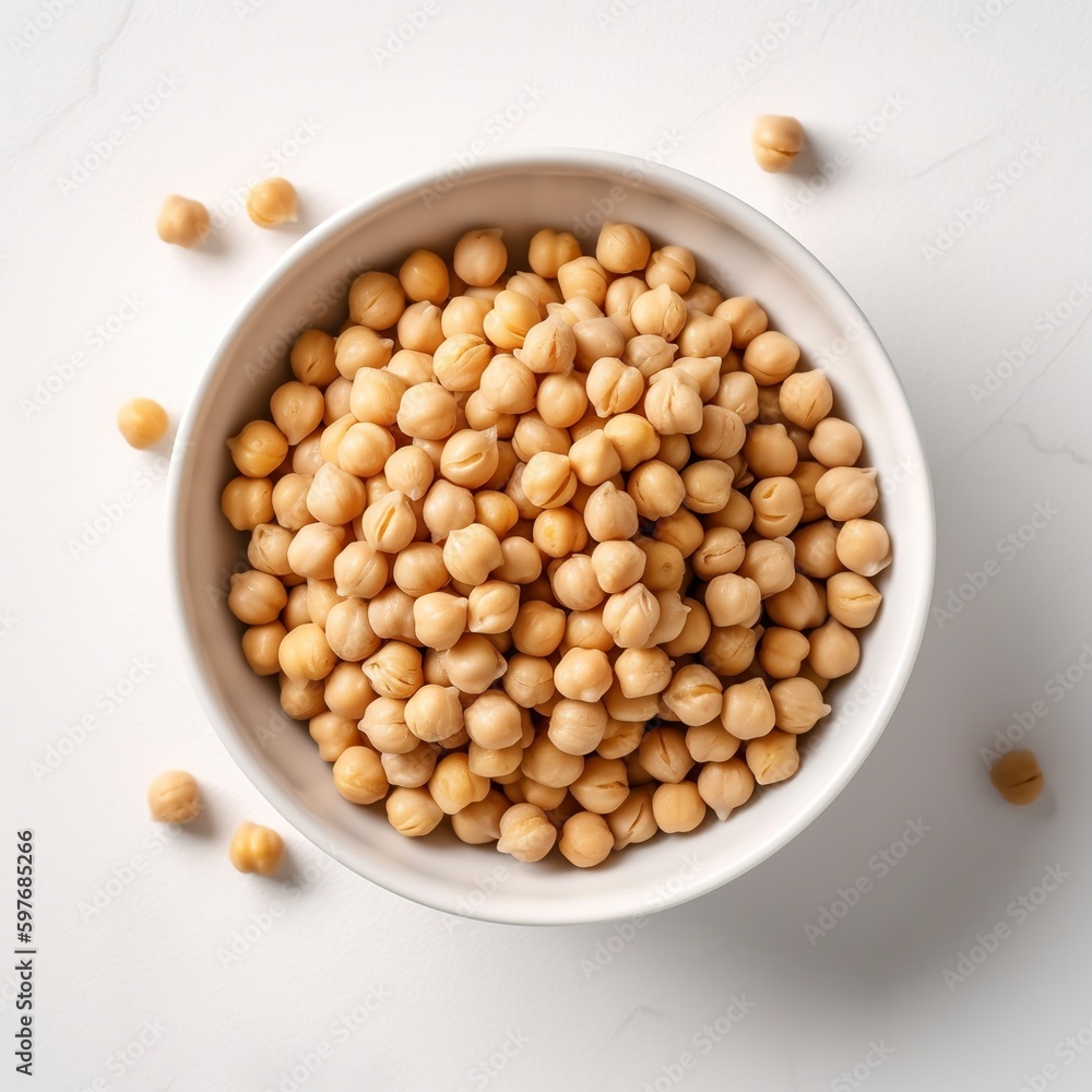 On a white background, raw chickpeas are displayed in a bowl. top view. Generative AI. On a white background, raw chickpeas are displayed in a bowl. top view. Generative AI.