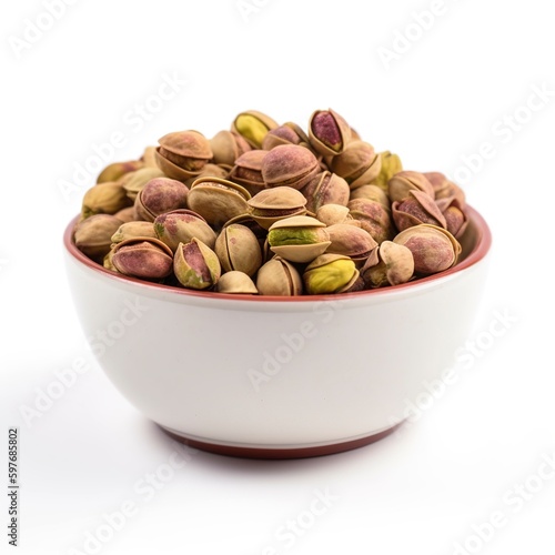 On a white background, shelled pistachios are displayed in a dish. Generative AI.