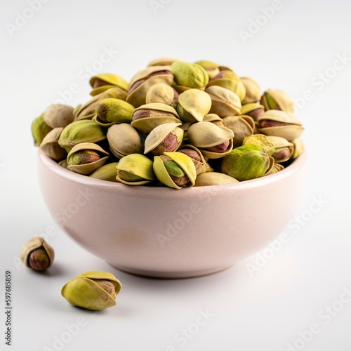 On a white background, a bowl of shelled pistachios. Generative AI.