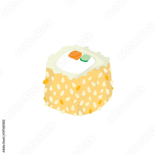 sushi roll with sesame, japanese food. Sushi roll cartoon style icon. isolated on white background. Vector cartoon sushi. Hand draw style sushi rolls.sian food