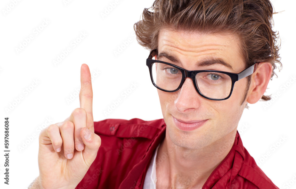 Isolated, portrait and man pointing a finger up and person in glasses, hand gesture and advice on white studio background. Serious, geek or nerd eyewear and point for one, yes or correct choice Isolated, portrait and man pointing a finger up and person in glasses, hand gesture and advice on white studio background. Serious, geek or nerd eyewear and point for one, yes or correct choice