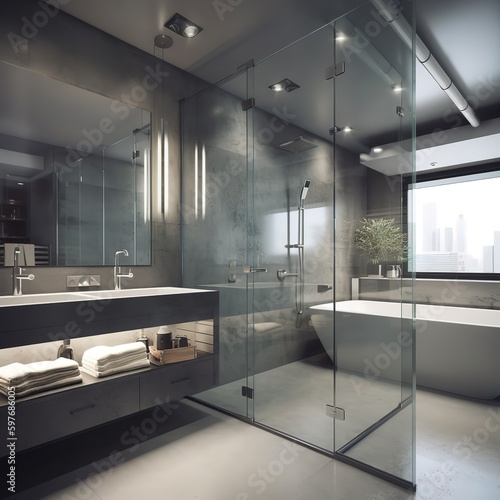modern Luxury white bath tub, toilet interior, generative AI