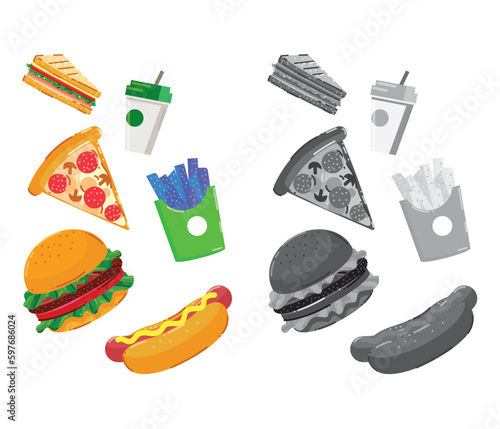 Creative Fast Food icons black colorful png vector Burger, hot dog, pizza slice, french fries, Juice
