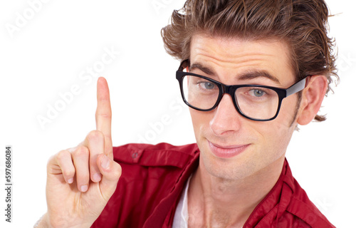 Isolated  portrait and man pointing a finger up and person in glasses  hand gesture and advice on white studio background. Serious  geek or nerd eyewear and point for one  yes or correct choice