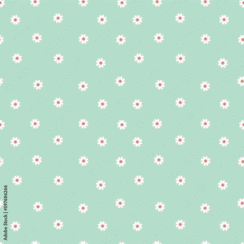 Seamless pattern with simple daisy flowers on a pastel blue background. Floral modern print. Great for fabric, wallpaper, textile, wrapping. Vector illustration.