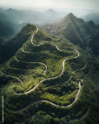 an image of a mountain's meandering routes. Generative AI.