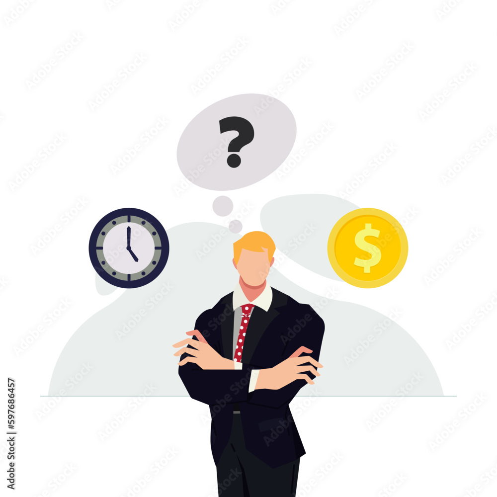 Businessman choosing between time or money illustration. Concept of life and work balance Businessman choosing between time or money illustration. Concept of life and work balance