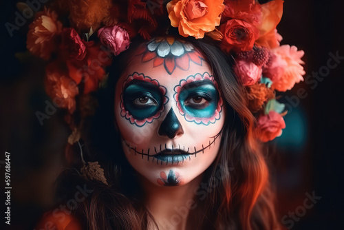 Dia de los muertos Mexican beautiful dead girl looks expansive, Mexican holiday of the dead and halloween, Woman make up hair with flowers