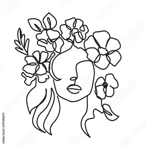 Wild Flowers' surreal faces Continuous line, drawing of set faces and hairstyles, fashion concept, woman's beauty, minimalist, pretty sexy. Self-care