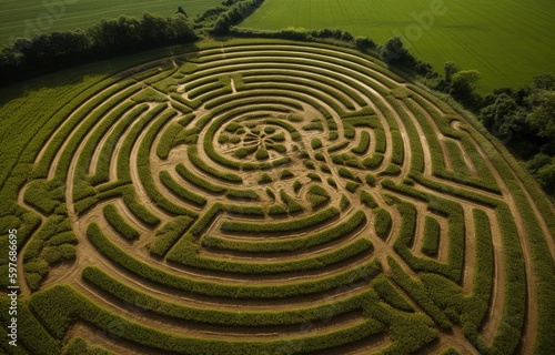 view from above of a field's crop circle. Generative AI.