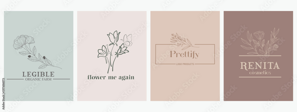 logo collection Elegant, botanic, hand-drawn illustrations of flowers, leaves, and twigs; delicate and minimal design vector