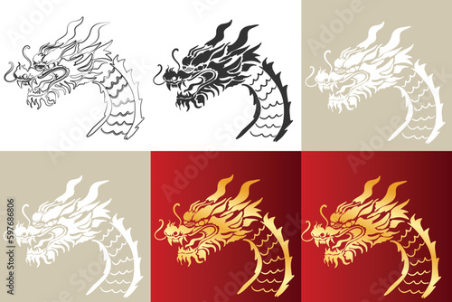 Fotografie, Tablou Chinese New Year 2024, the year of the Dragon, red and gold line art characters, simple hand-drawn Asian elements with craft (Chinese translation: Happy Chinese New Year 2024, year of the Dragon)