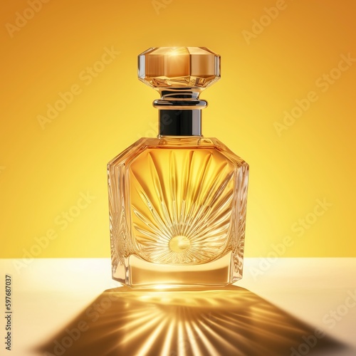 Sunrays can be seen on a transparent perfume bottle against a yellow background. Generative AI. photo