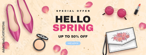 Hello spring horizontal sale banner with realistic realistic 3d elegant red shoes, handbag, lipstick, powder and rose petals. Woman accessories and cosmetics composition. Vector illustration