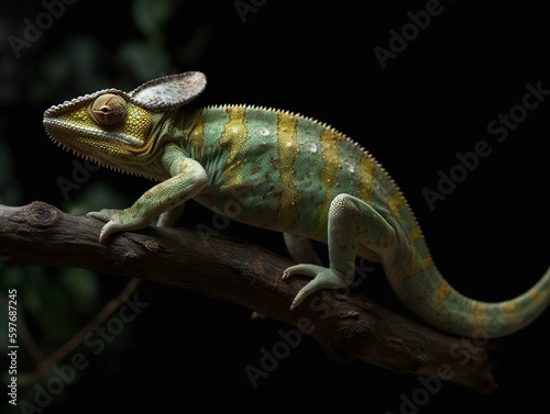 Chameleon with shades of black and yellow perched on a branch. Generative AI