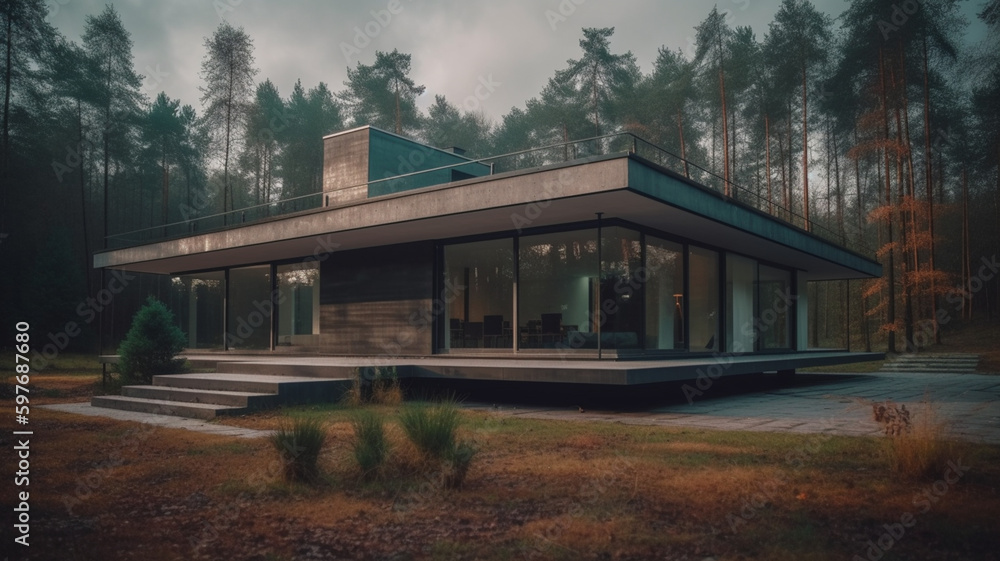 Modern flat roof house surrounded by nature. 3D visualization Modern flat roof house surrounded by nature. 3D visualization