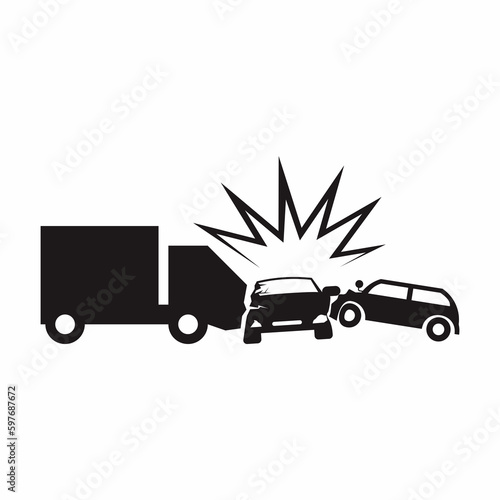 Road safety accident sign and symbol vector illustration. Car crash from both side by other car and cargo truck.