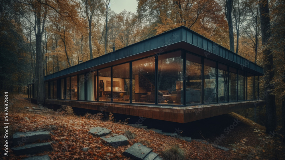 Modern flat roof house surrounded by nature. 3D visualization Modern flat roof house surrounded by nature. 3D visualization
