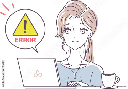 パソコンでエラーが出て困る女性　機械に弱い人　プログラミングエラー　困り顔　ベクターイラスト素材