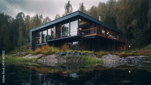 Modern flat roof house surrounded by nature. 3D visualization © House