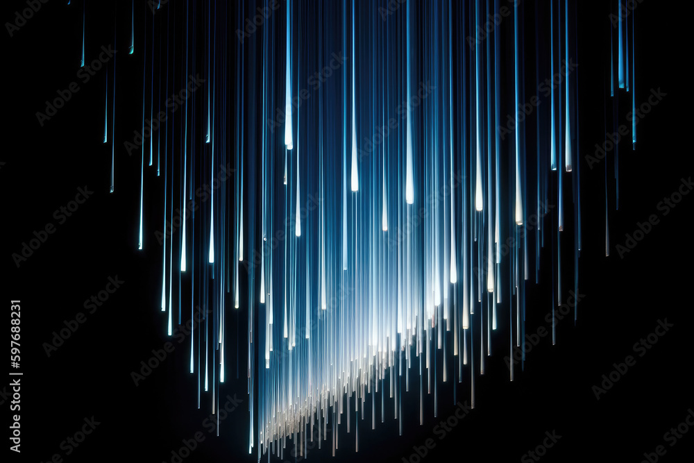 White glowing optical fiber hanging vertically from above, parallel to each other, dark blue background. White glowing optical fiber hanging vertically from above, parallel to each other, dark blue background.