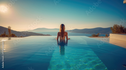 Gorgeous woman taking sun at a luxurious villa infinity swimming pool. Generative AI © piai
