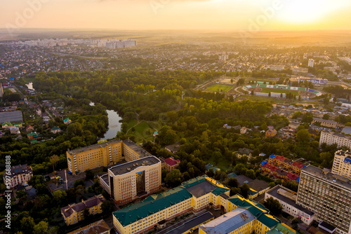 Orel, Russia - August 30, 2022: Panorama of the city during sunset. Aerial view