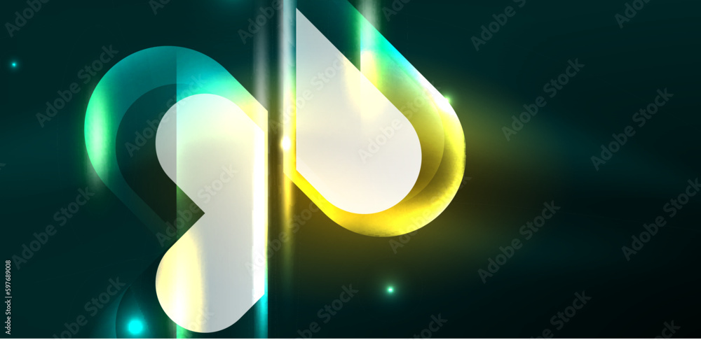 Neon glowing geometric shapes vector abstract background. Round elements, light effects and glass glossy style with color backdrop. Space cosmic or magic energy wallpaper Neon glowing geometric shapes vector abstract background. Round elements, light effects and glass glossy style with color backdrop. Space cosmic or magic energy wallpaper