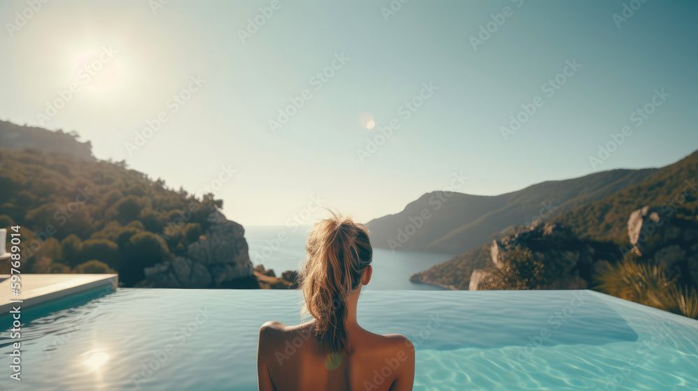 Gorgeous woman taking sun at a luxurious villa infinity swimming pool. Generative AI