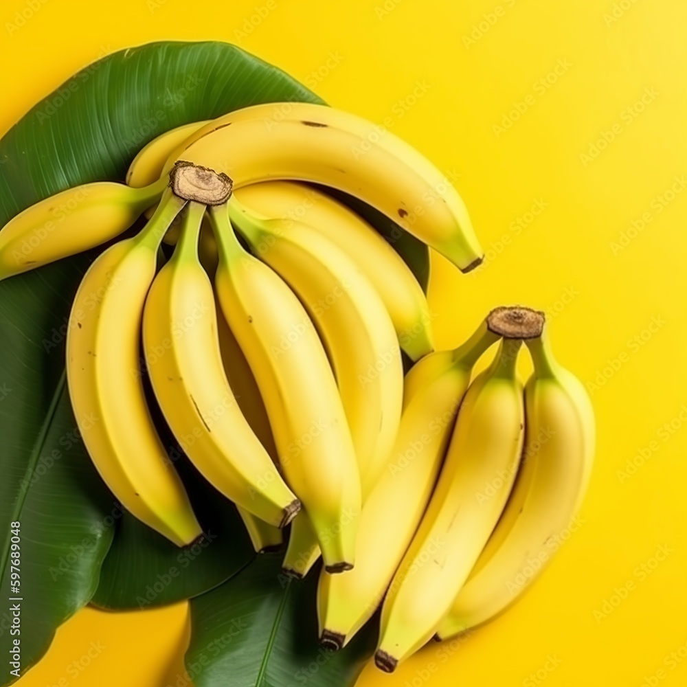 a cluster of fresh bananas with copyspace against a yellow background. Generative AI. a cluster of fresh bananas with copyspace against a yellow background. Generative AI.