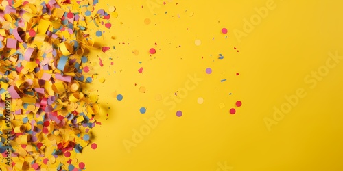 Confetti and streamer background on yellow with copyspace  generative ai illustration.