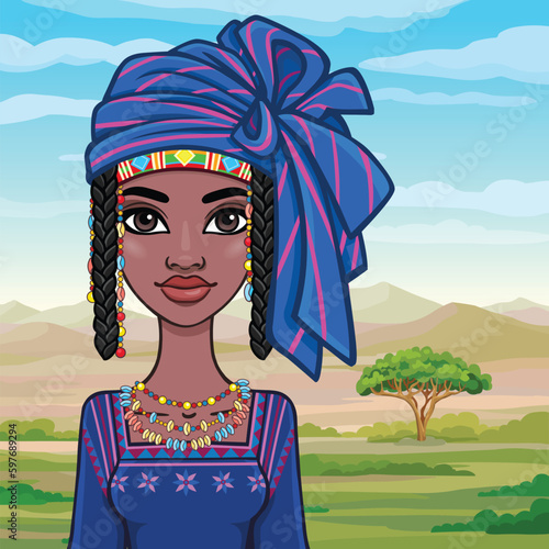 Animation portrait of a young African woman in a turban, ancient ethnic jewelry. Background - landscape desert, mountains, trees. Vector illustration.