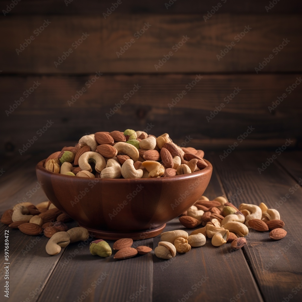 A bowl of nuts including cashews, almonds, pistachios, peanuts, and hazelnuts against a dark background. Generative AI. A bowl of nuts including cashews, almonds, pistachios, peanuts, and hazelnuts against a dark background. Generative AI.