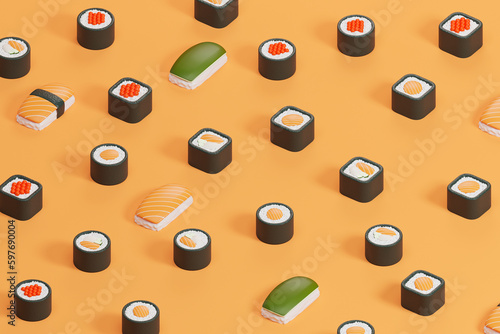 Maki and gunkan sushi roll with fish on orange background photo