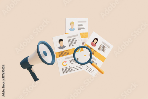 Obraz na płótnie Megaphone and cv documents with id and information, headhunting