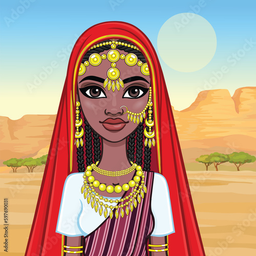 Animation portrait of a young African woman in ancient ethnic jewelry. Background - landscape desert, canyon, trees. Vector illustration.