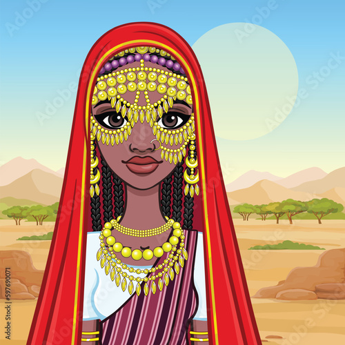 Animation portrait of a young African woman in ancient ethnic jewelry. Background - landscape desert, canyon, trees. Vector illustration.	