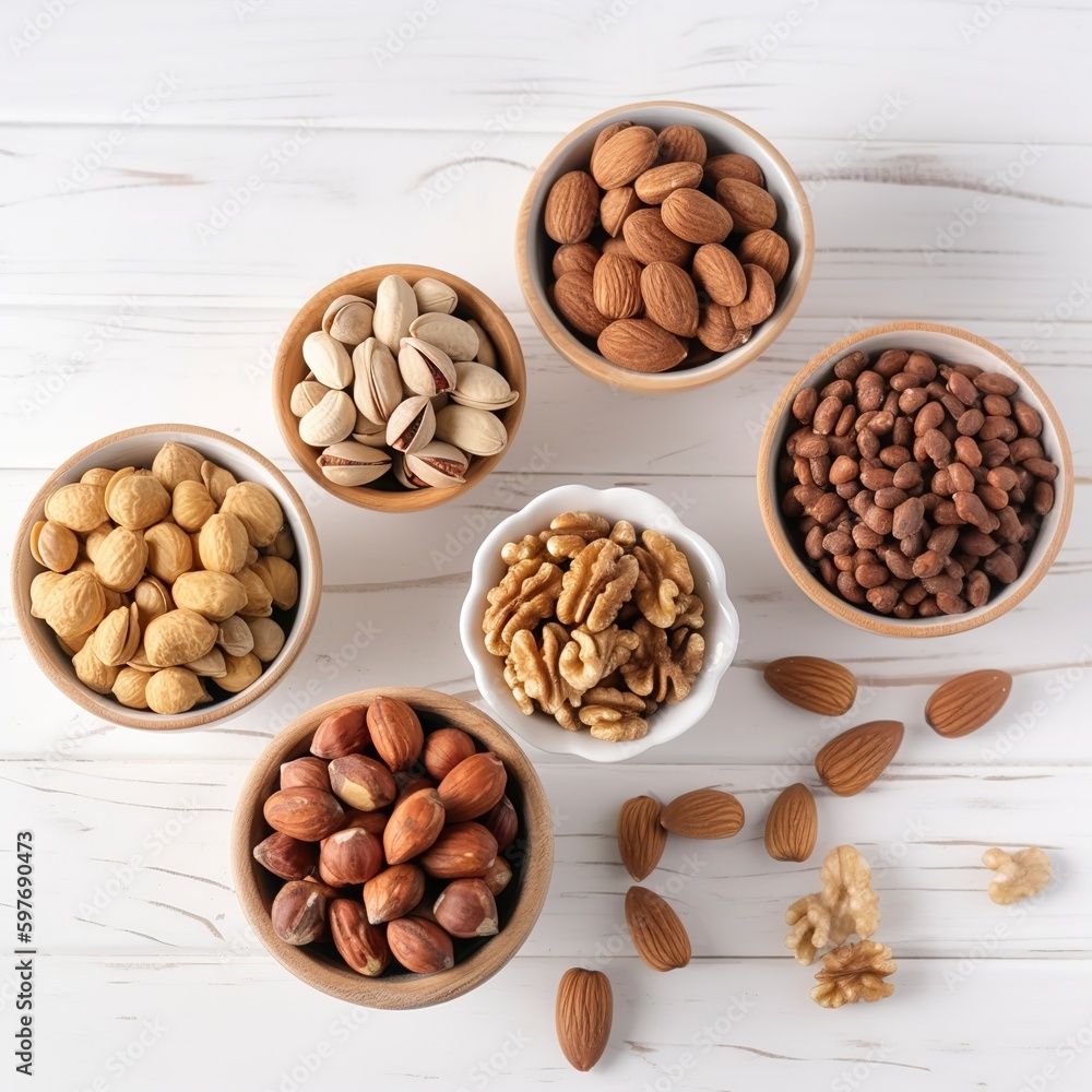 A background with bowls of nuts is visible in the distance. Generative AI. A background with bowls of nuts is visible in the distance. Generative AI.