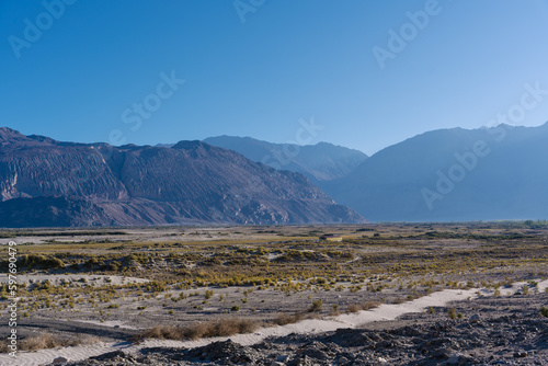 fields and mountains, beautiful landscape in Hunder town, Ladakh, India