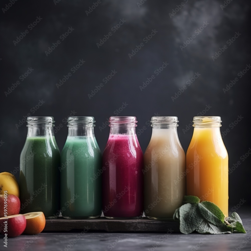 Colorful smoothies on a concrete table. Generative AI. Colorful smoothies on a concrete table. Generative AI.