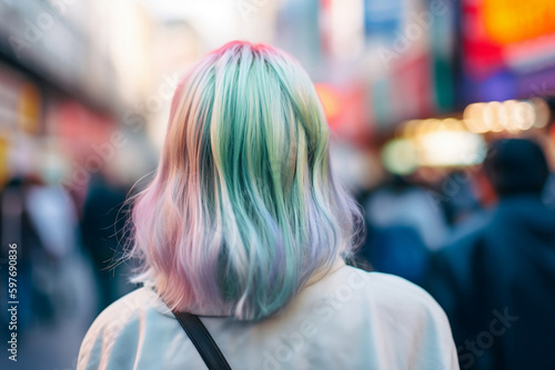 Back view of young woman with pastel colored hair in street. Generative AI illustration