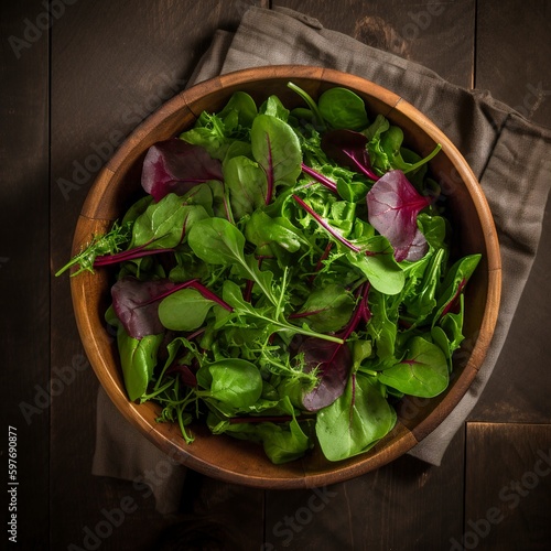 A bowl of green salad with spinach seen from above. Generative AI.