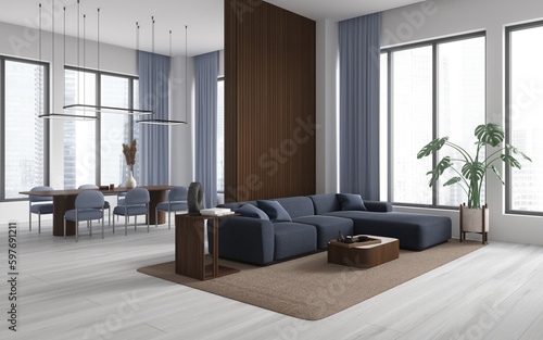 Light living room interior with chill and dining zone, panoramic window