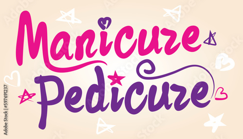 manicure pedicure are written in a painted font in pink and purple photo