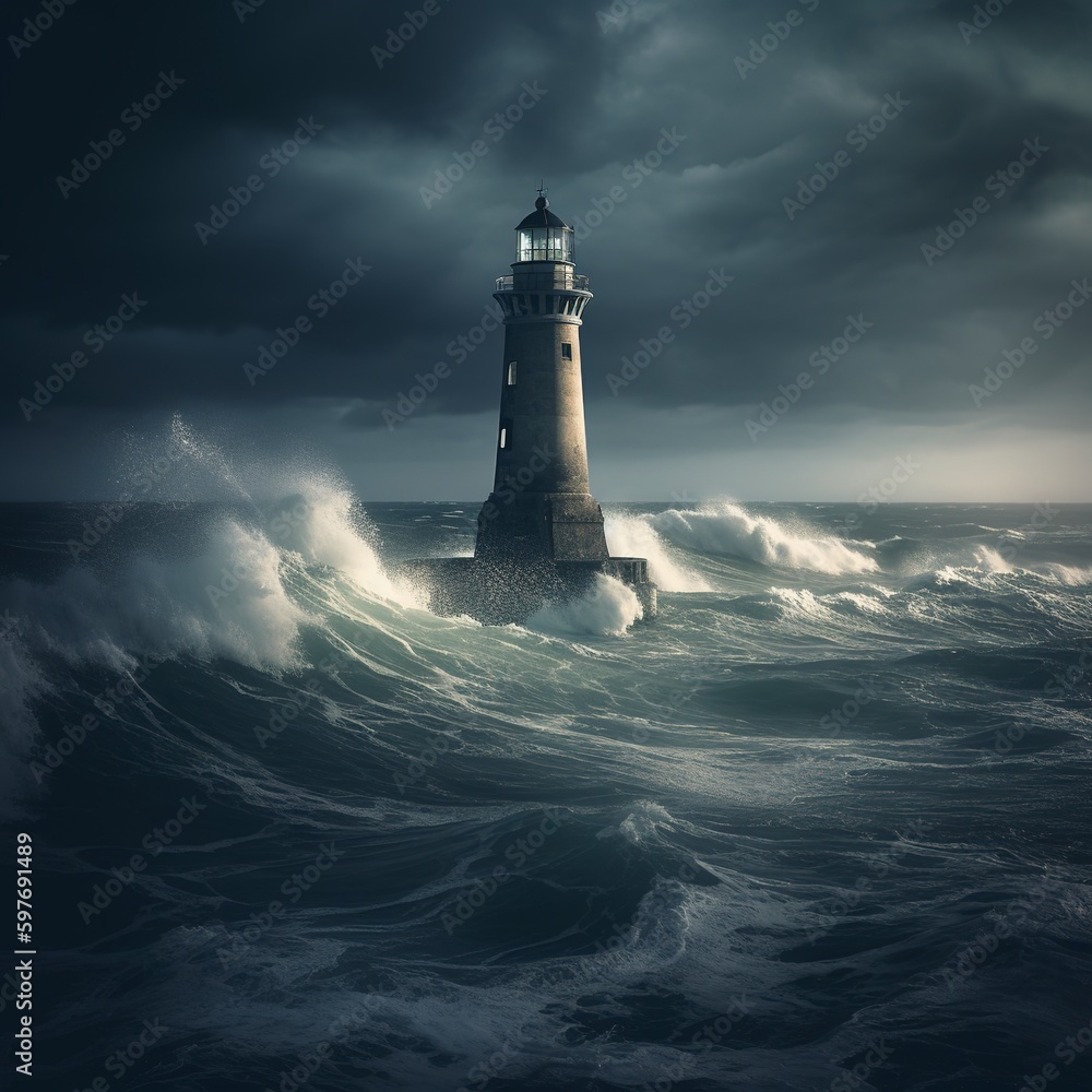 In the midst of a storm and a choppy sea, a lighthouse blazing brightly, Generative AI.